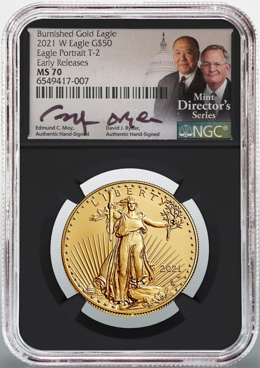 2021 W $50 Burnished Gold Eagle T2 NGC MS70 Moy/Ryder Signatures - Westminster Mint