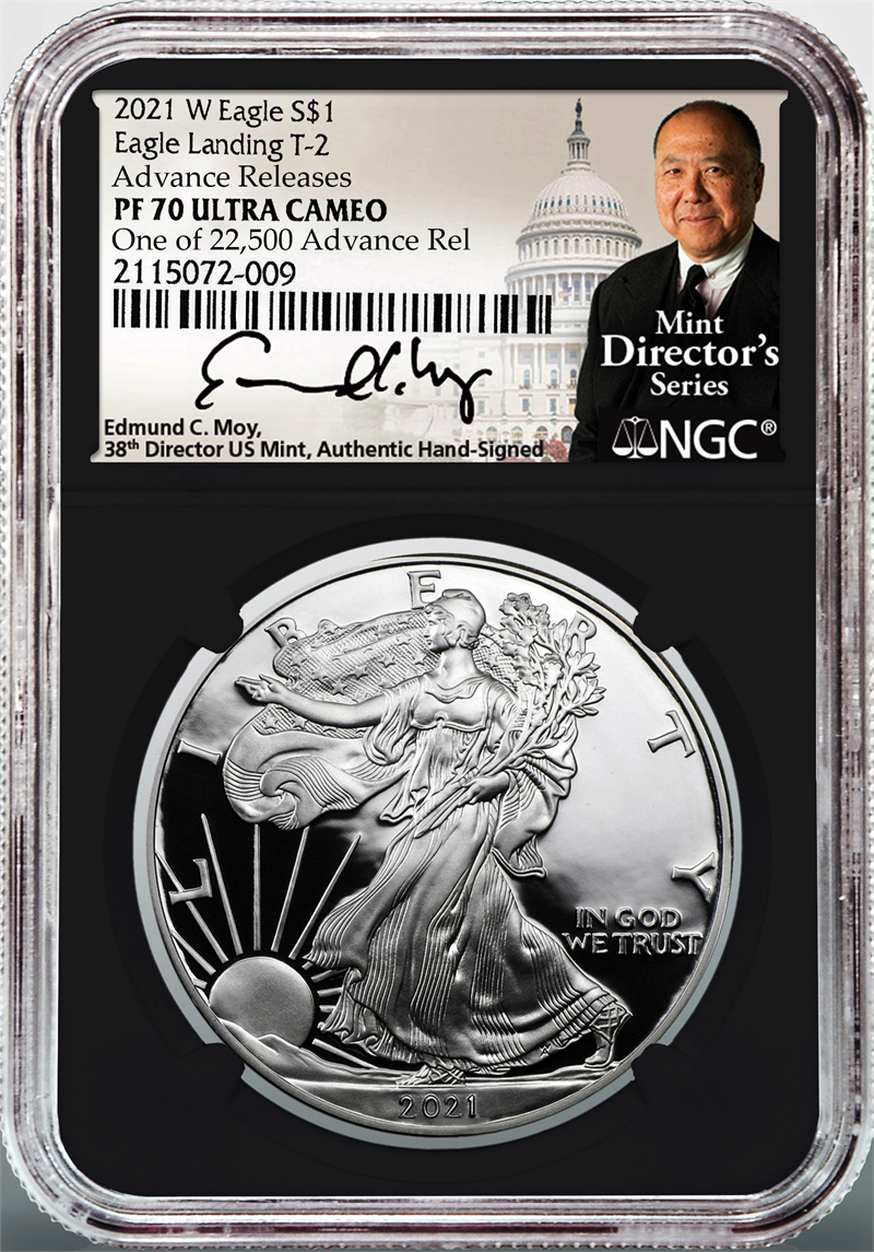 2021 W Silver Eagle Type 1 & Type 2 Advance Release NGC PF70 Moy Signatures - Westminster Mint