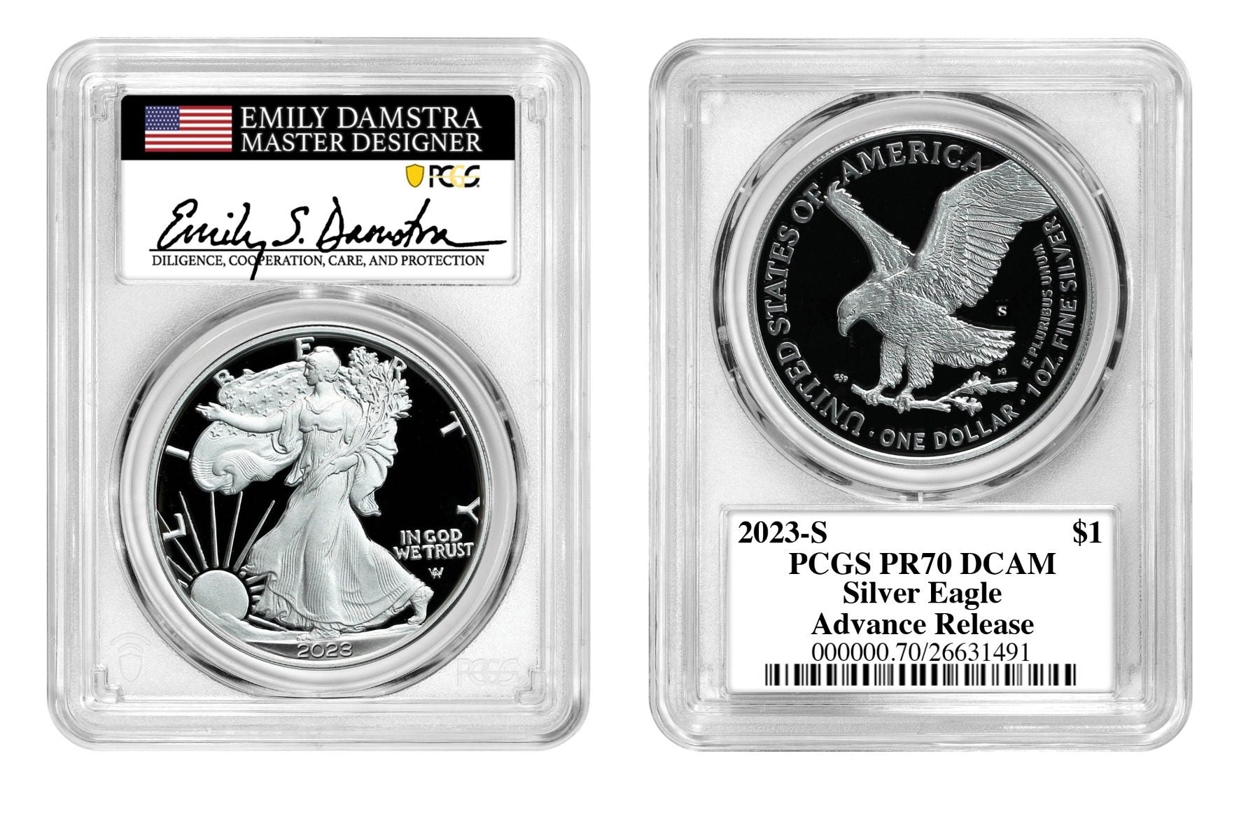 2023 S Silver Eagle PCGS PR70 DCAM Advance Release Signed by Emily S. Damstra - Westminster Mint