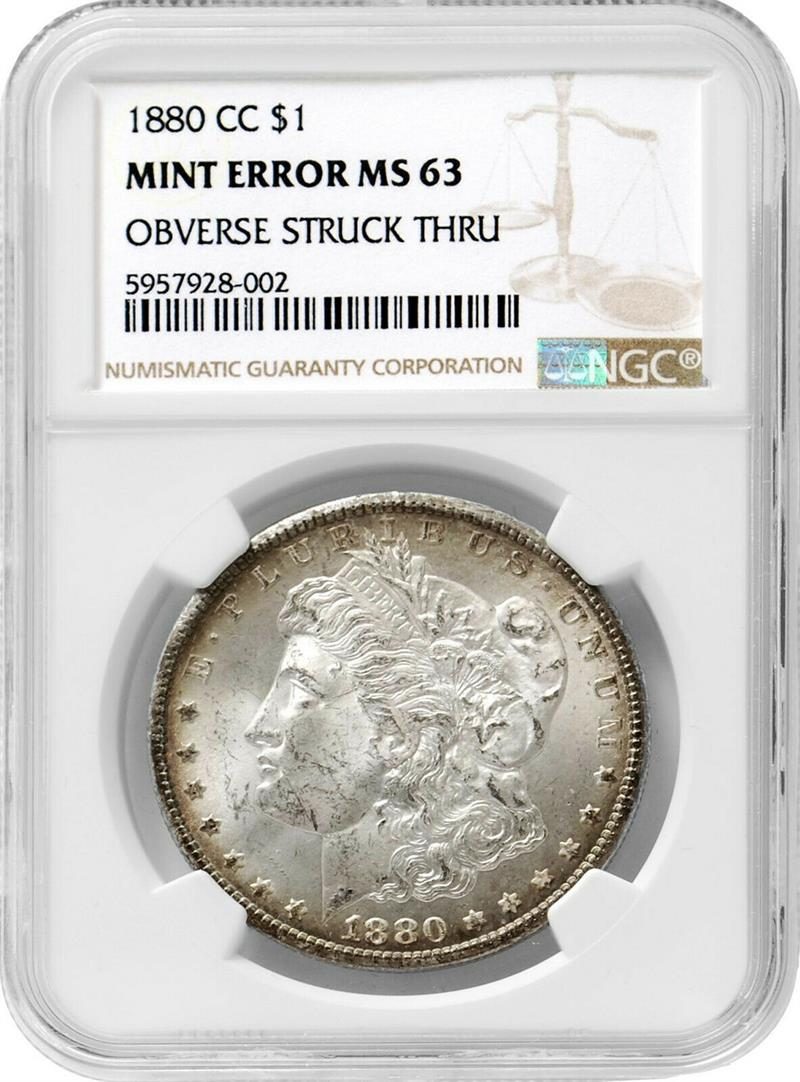 1880 CC Morgan Dollar NGC MS63 Mint Error Obverse Struck Thru - Westminster Mint