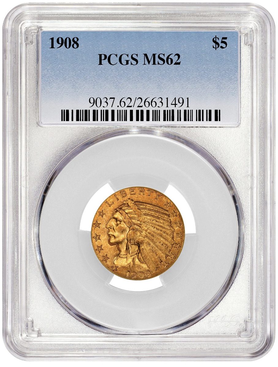 1908 $5 GOLD INDIAN HEAD PCGS MS62 - Westminster Mint