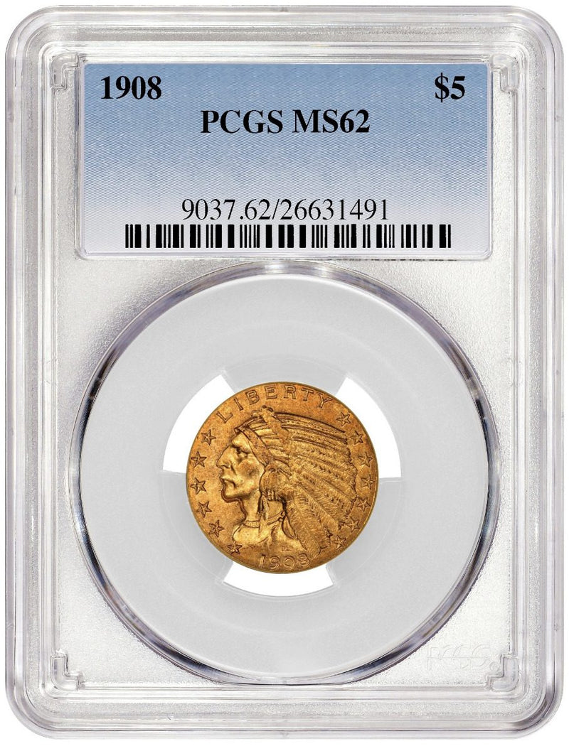1908 $5 GOLD INDIAN HEAD PCGS MS62 - Westminster Mint