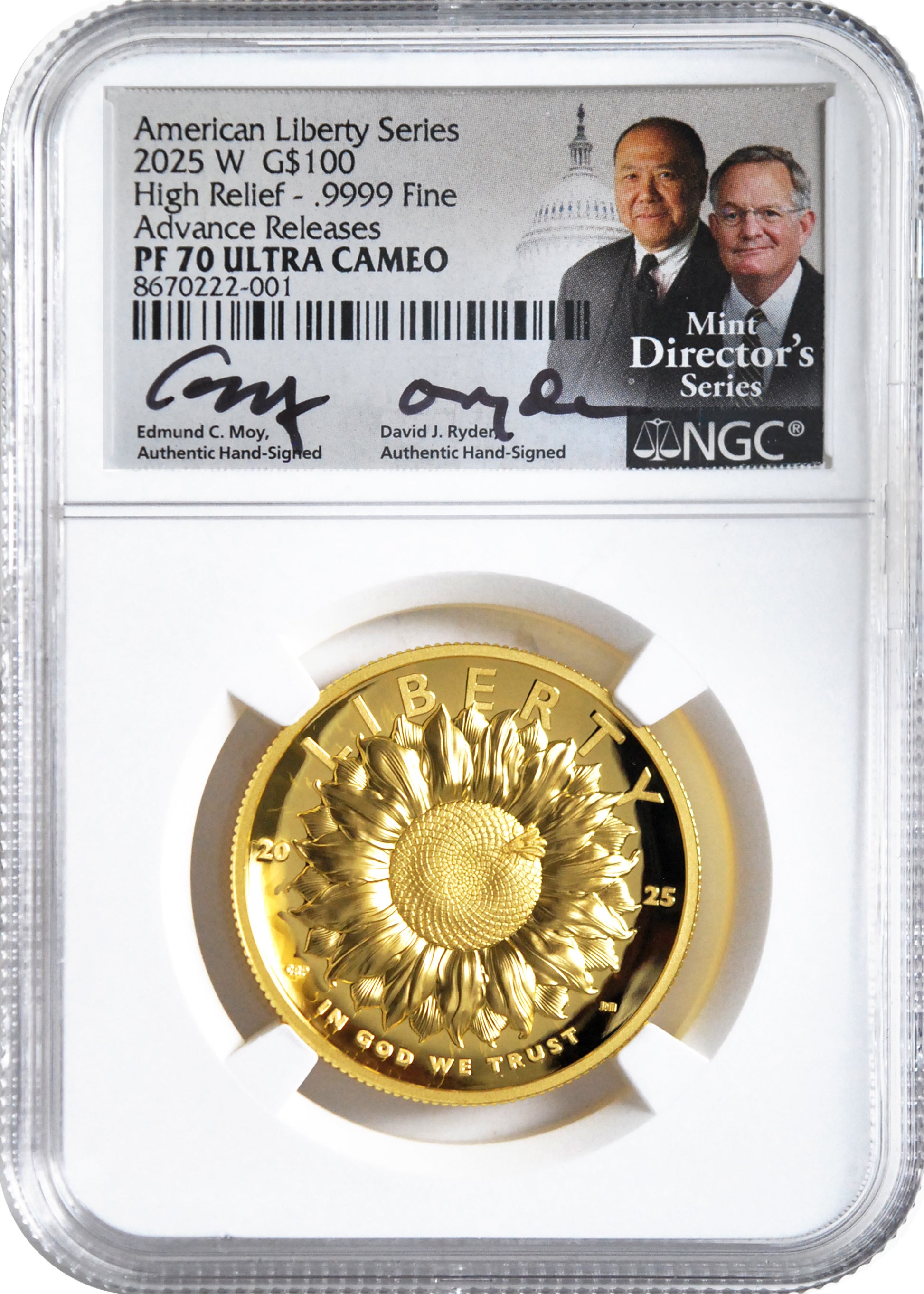 2025 ADV REL $100 GOLD PF70 MOY/RYDER