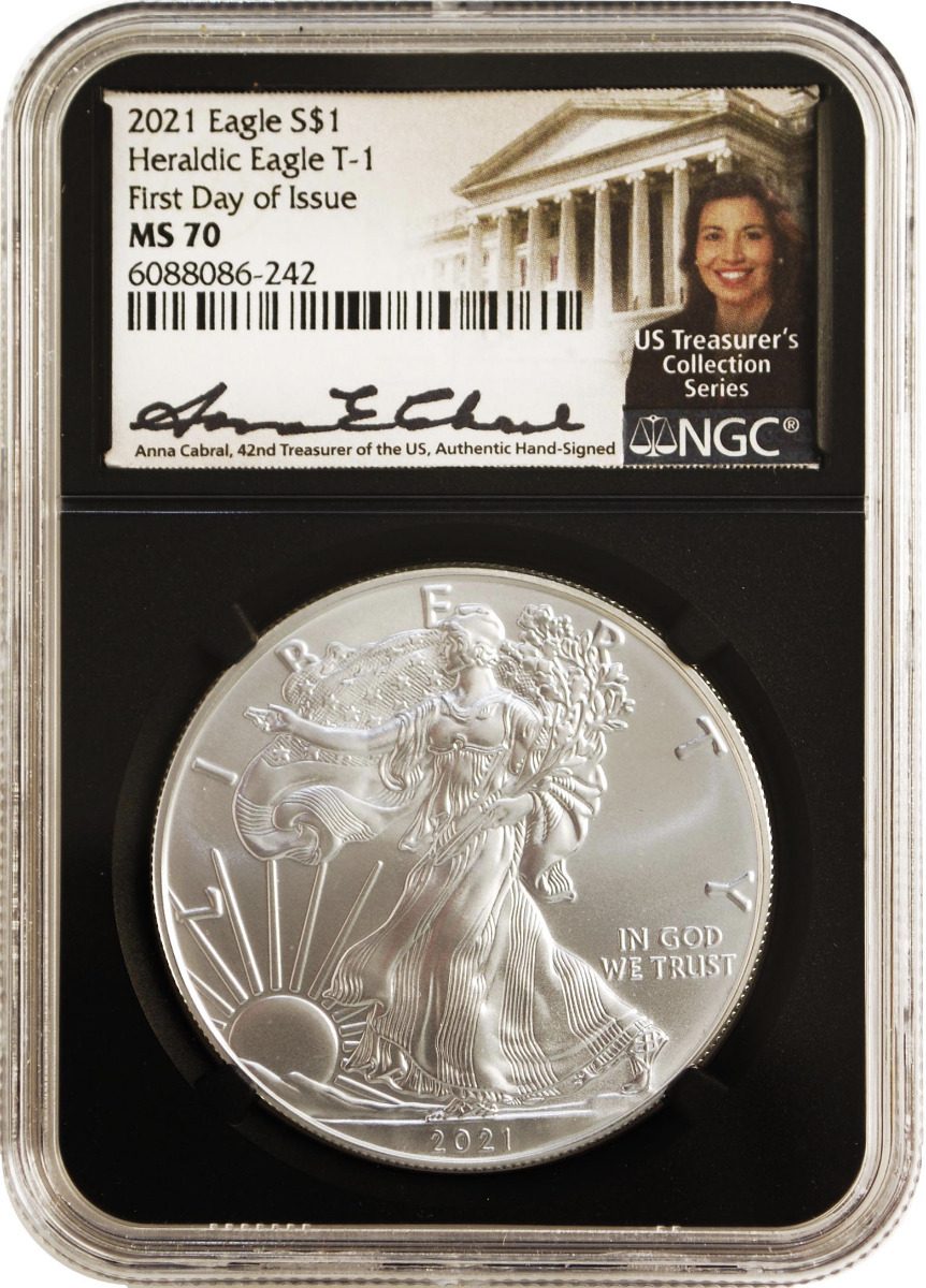 2021 American Silver Eagle NGC MS70 FDI Heraldic Eagle Type 1 Cabral Signature - Westminster Mint
