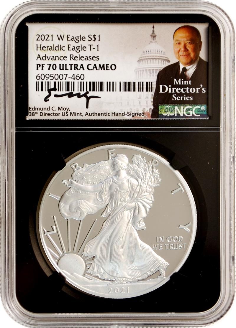 2021 W Silver Eagle Type 1 & Type 2 Advance Release NGC PF70 Moy Signatures - Westminster Mint