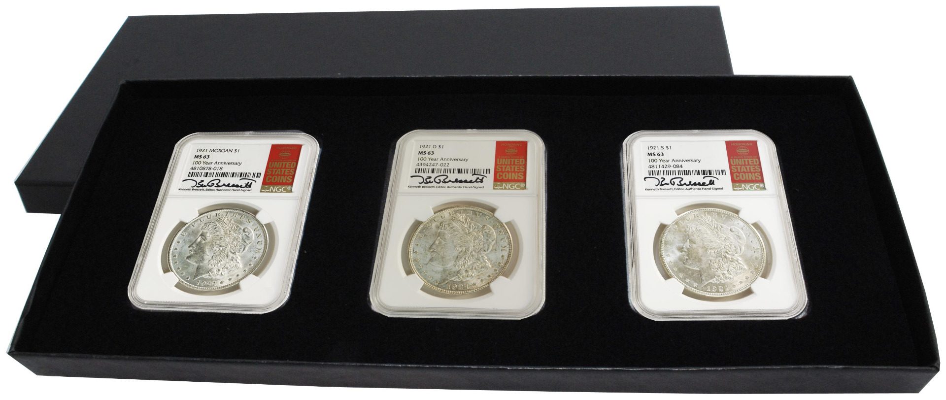 1921 Morgan Dollar P/D/S Mint Set 100th anniversary NGC MS63 Kenneth Bressett Signatures Red Book Holders - Westminster Mint