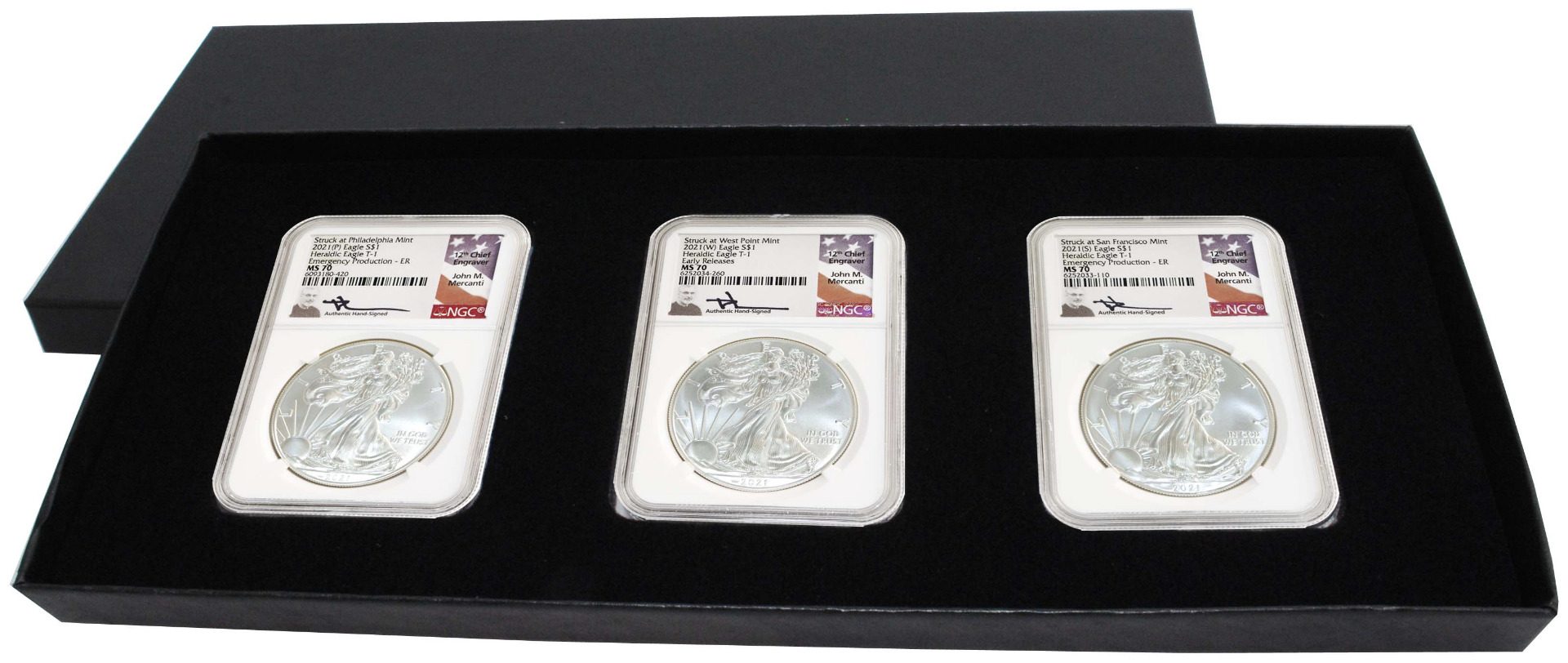 2021 (P/W/S/) SILVER EAGLE 3PC SET NGC MS70 MERCANTI ER - Westminster Mint