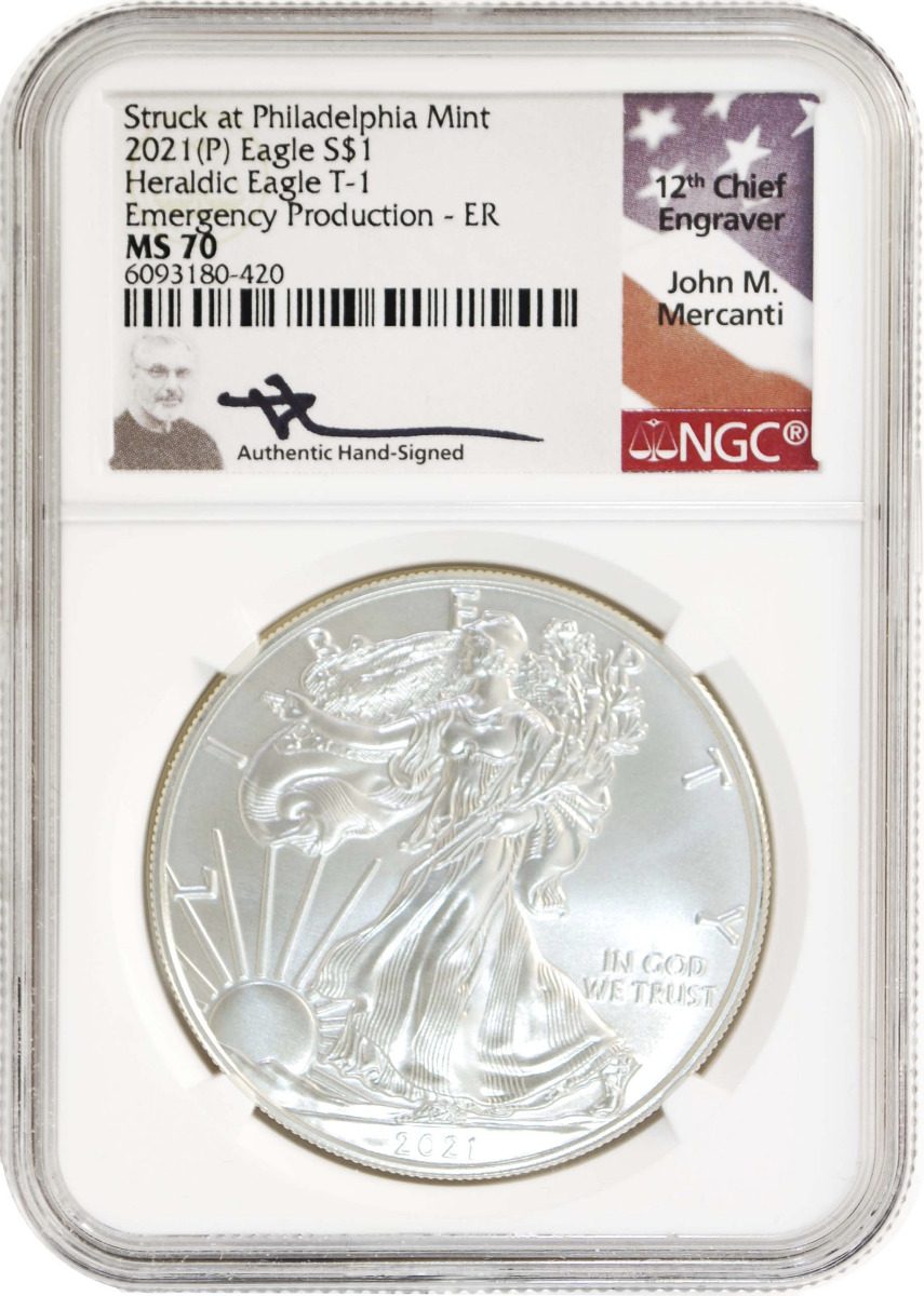 2021 (P/W/S/) SILVER EAGLE 3PC SET NGC MS70 MERCANTI ER - Westminster Mint