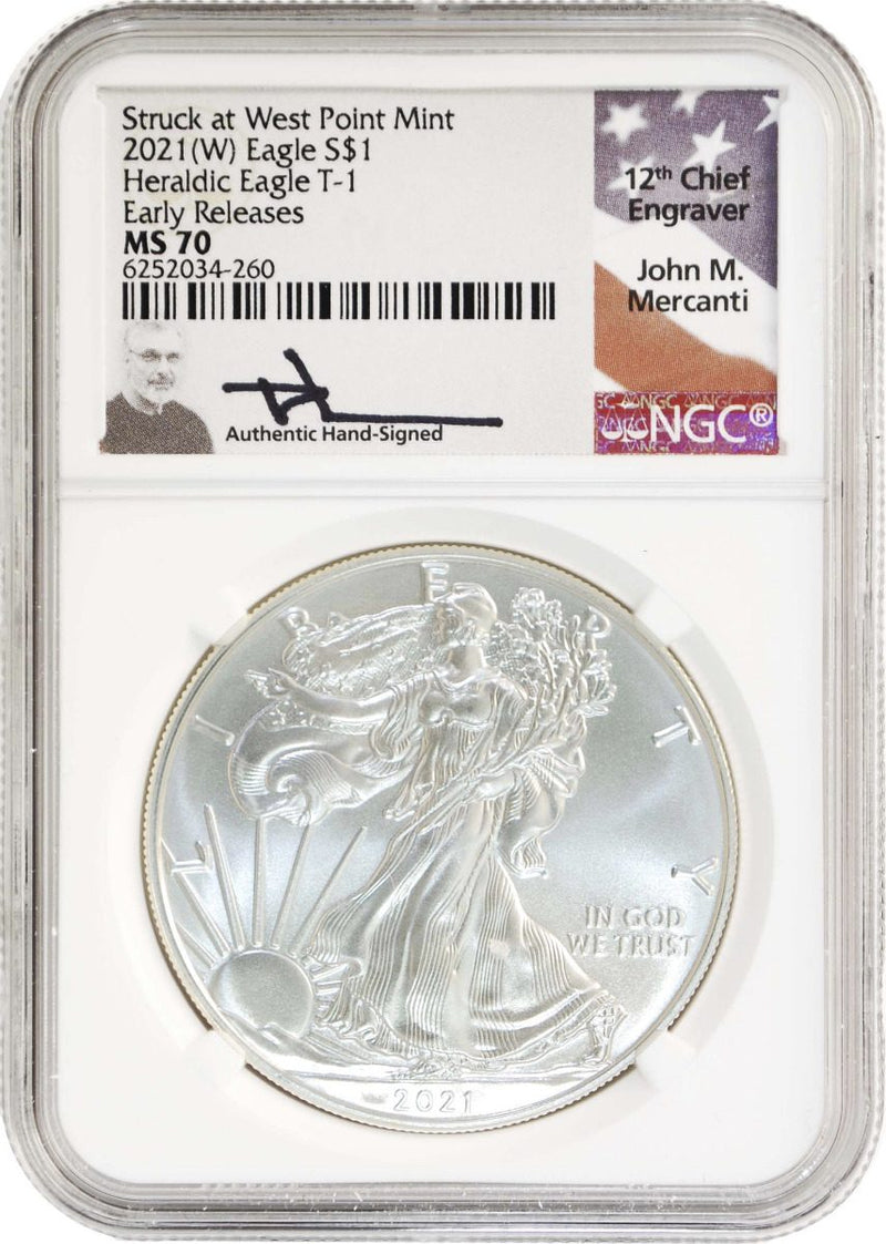 2021 (P/W/S/) SILVER EAGLE 3PC SET NGC MS70 MERCANTI ER - Westminster Mint