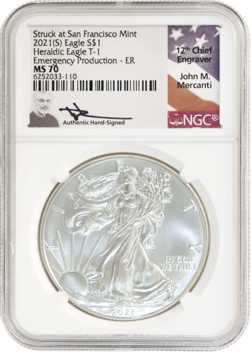 2021 (P/W/S/) SILVER EAGLE 3PC SET NGC MS70 MERCANTI ER - Westminster Mint