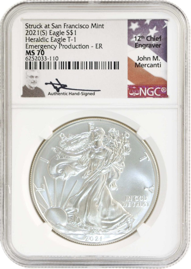 2021 (P/W/S/) SILVER EAGLE 3PC SET NGC MS70 MERCANTI ER - Westminster Mint
