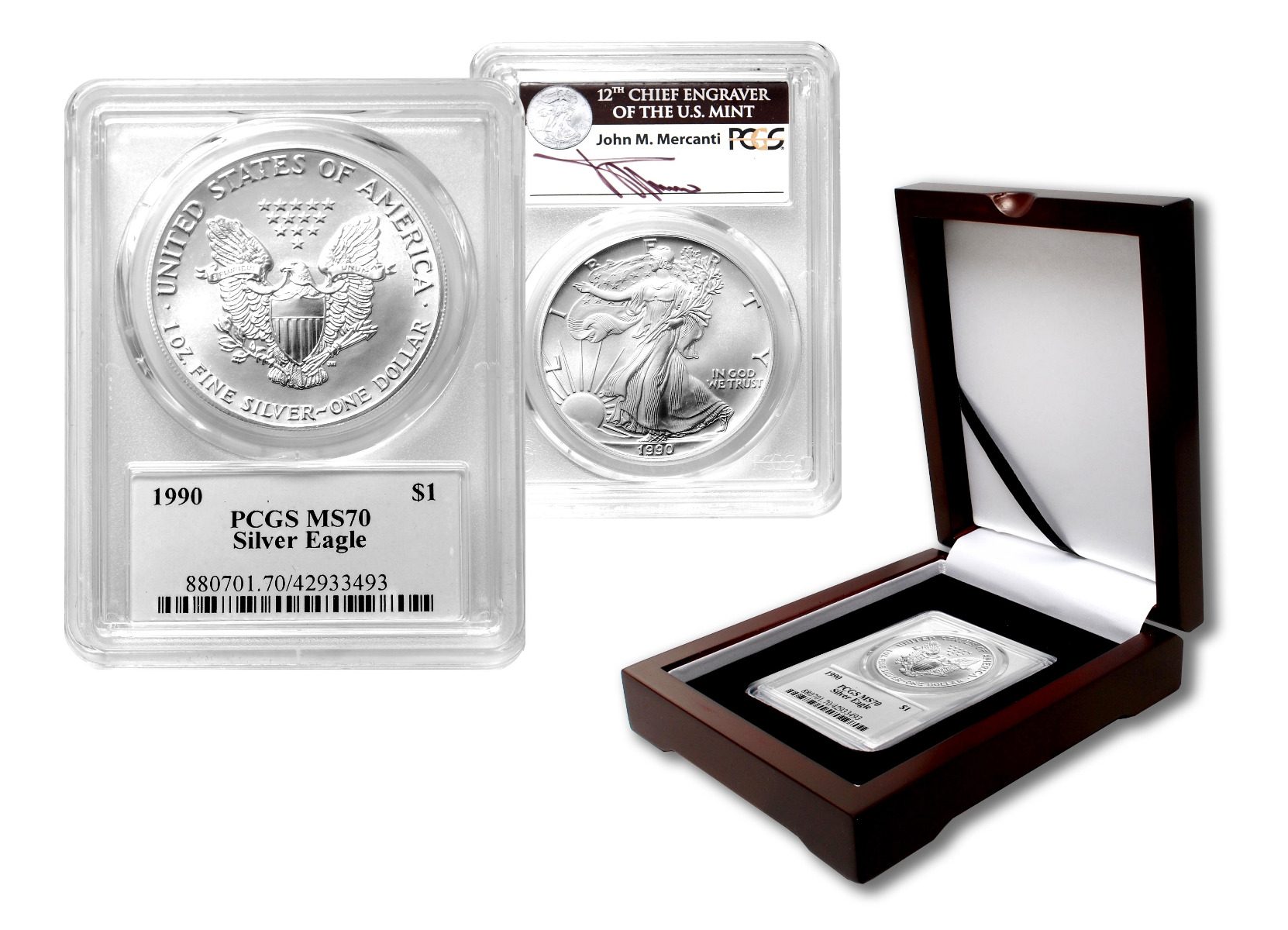 1990 Silver Eagle T1 PCGS MS70 John Mercanti Signature Rare Low Population - Westminster Mint
