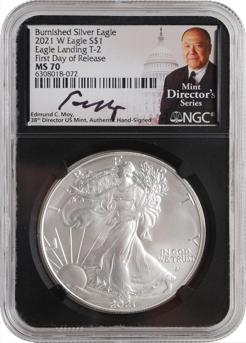 2021 W Burnished American Silver Eagle Type 2 NGC PF70 MDS FDR Moy Signature - Westminster Mint
