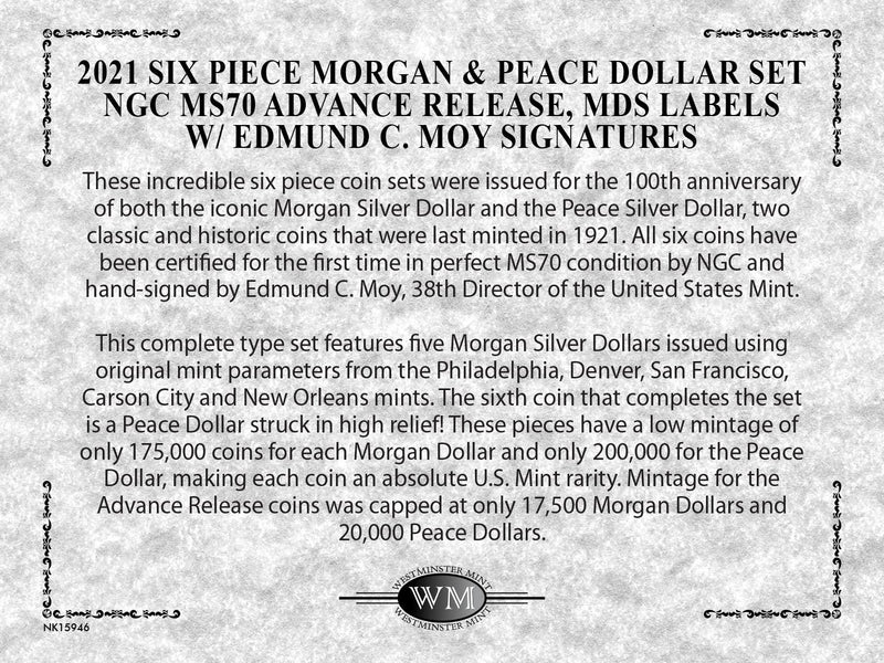 2021 Six-Piece Morgan & Peace Dollar Set NGC MS70 Advance Release Edmund C. Moy Signatures MDS Labels - Westminster Mint