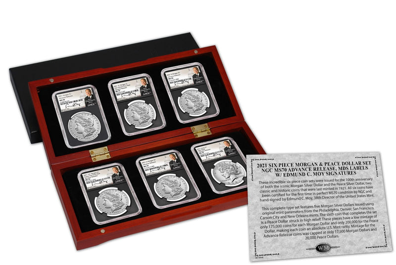 2021 Six-Piece Morgan & Peace Dollar Set NGC MS70 Advance Release Edmund C. Moy Signatures MDS Labels - Westminster Mint