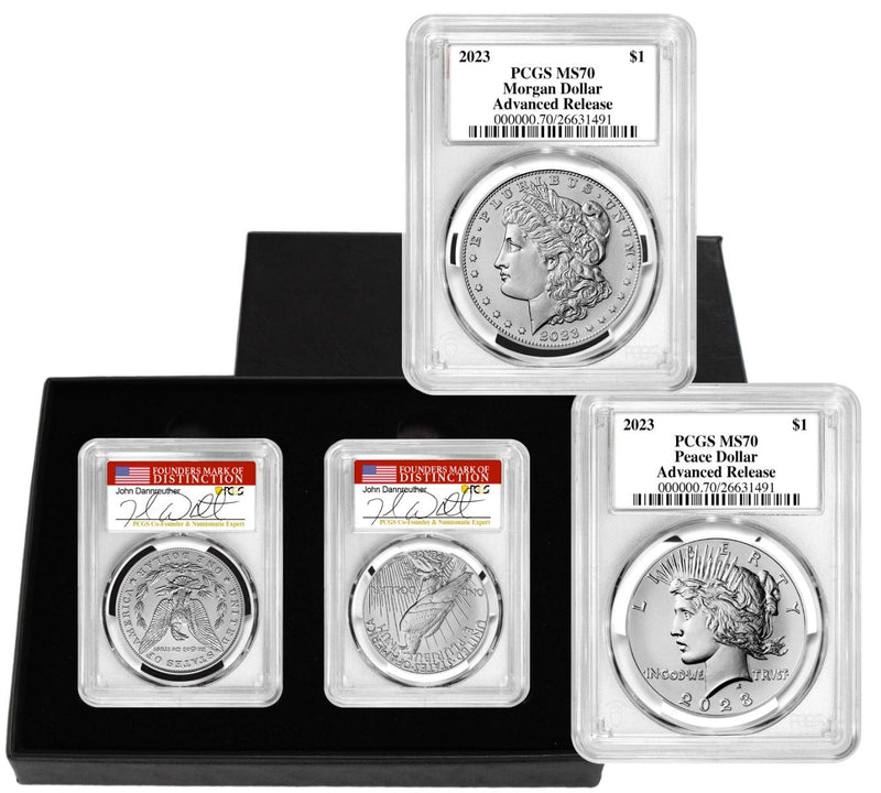 2023 Morgan & Peace Silver Dollars PCGS MS70 Advance Release w/John Dannreuther Signatures - Westminster Mint