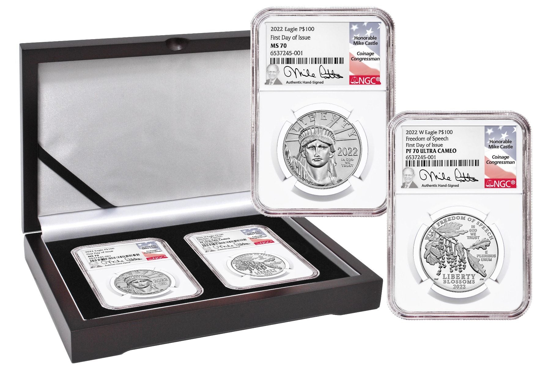 2022 $100 Platinum Eagles MS70/PF70 FDI Signed by Michael Castle - Westminster Mint