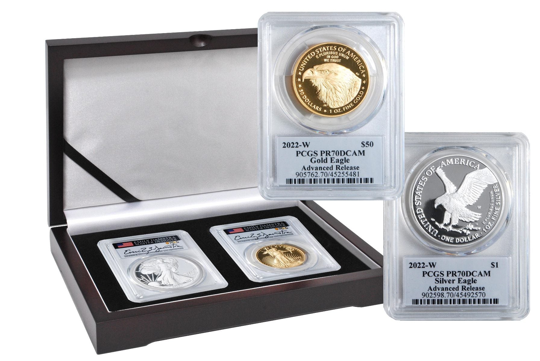 2022 Gold & Silver Eagle 2 Piece Set. Advance Release Certified Gold Eagles Signed by Emily S. Damstra - Westminster Mint