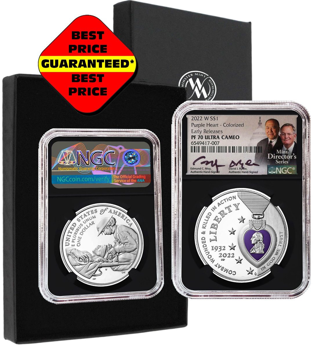 U.S. Mint 2022 Purple Heart Colorized Silver Dollar PF70 Signed by two U.S. Mint Directors - Westminster Mint