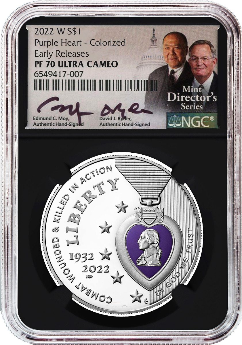 U.S. Mint 2022 Purple Heart Colorized Silver Dollar PF70 Signed by two U.S. Mint Directors - Westminster Mint