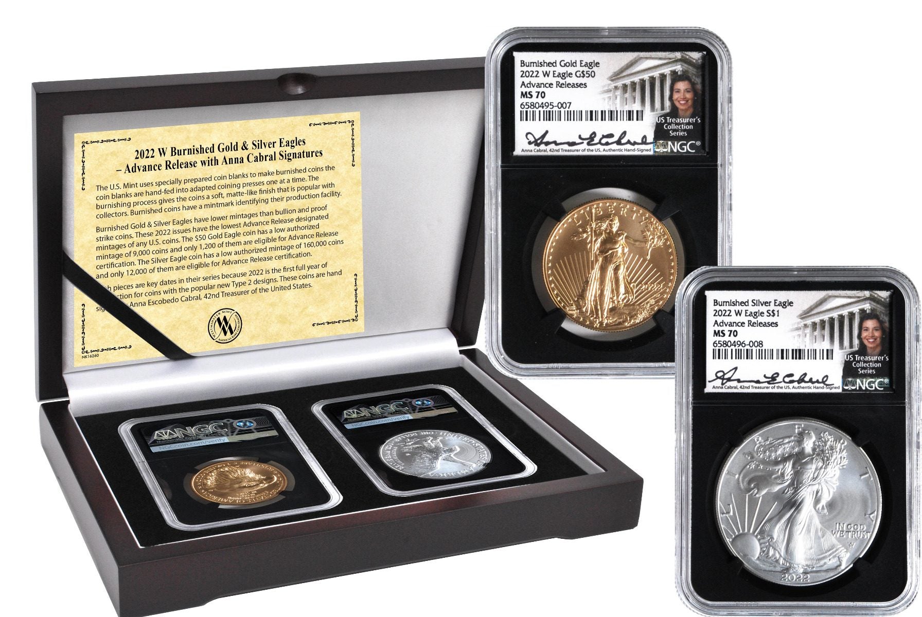 2022 W Burnished Gold & Silver Eagles Advance Release Anna Cabral Signatures - Westminster Mint