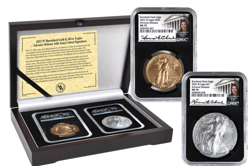 2022 W Burnished Gold & Silver Eagles Advance Release Anna Cabral Signatures - Westminster Mint