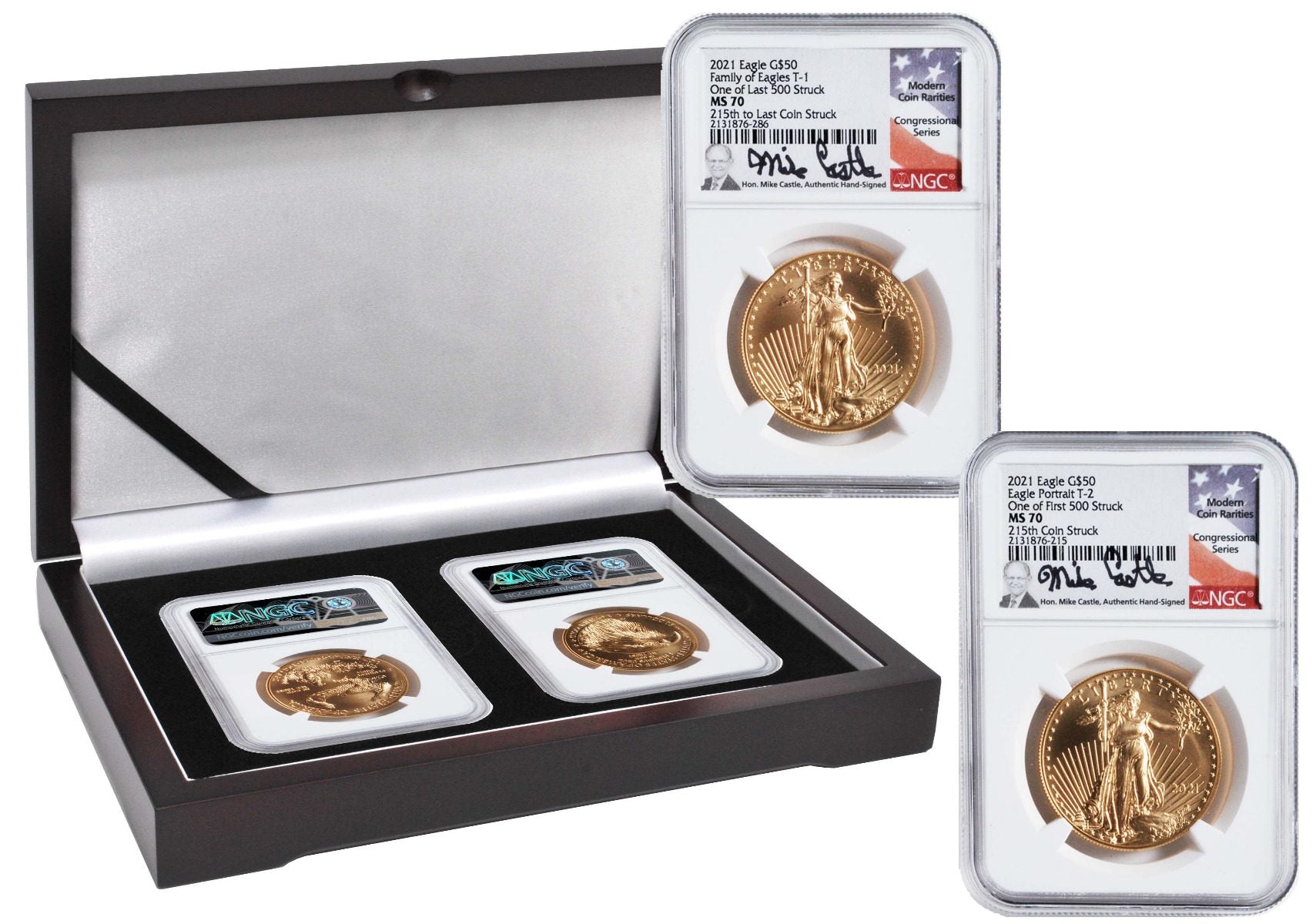 2021 $50 Gold Eagle - At Dusk & Dawn 35th Anniversary NGC MS70 2-PC set with matched Numbers Michael Castle Signature - Westminster Mint