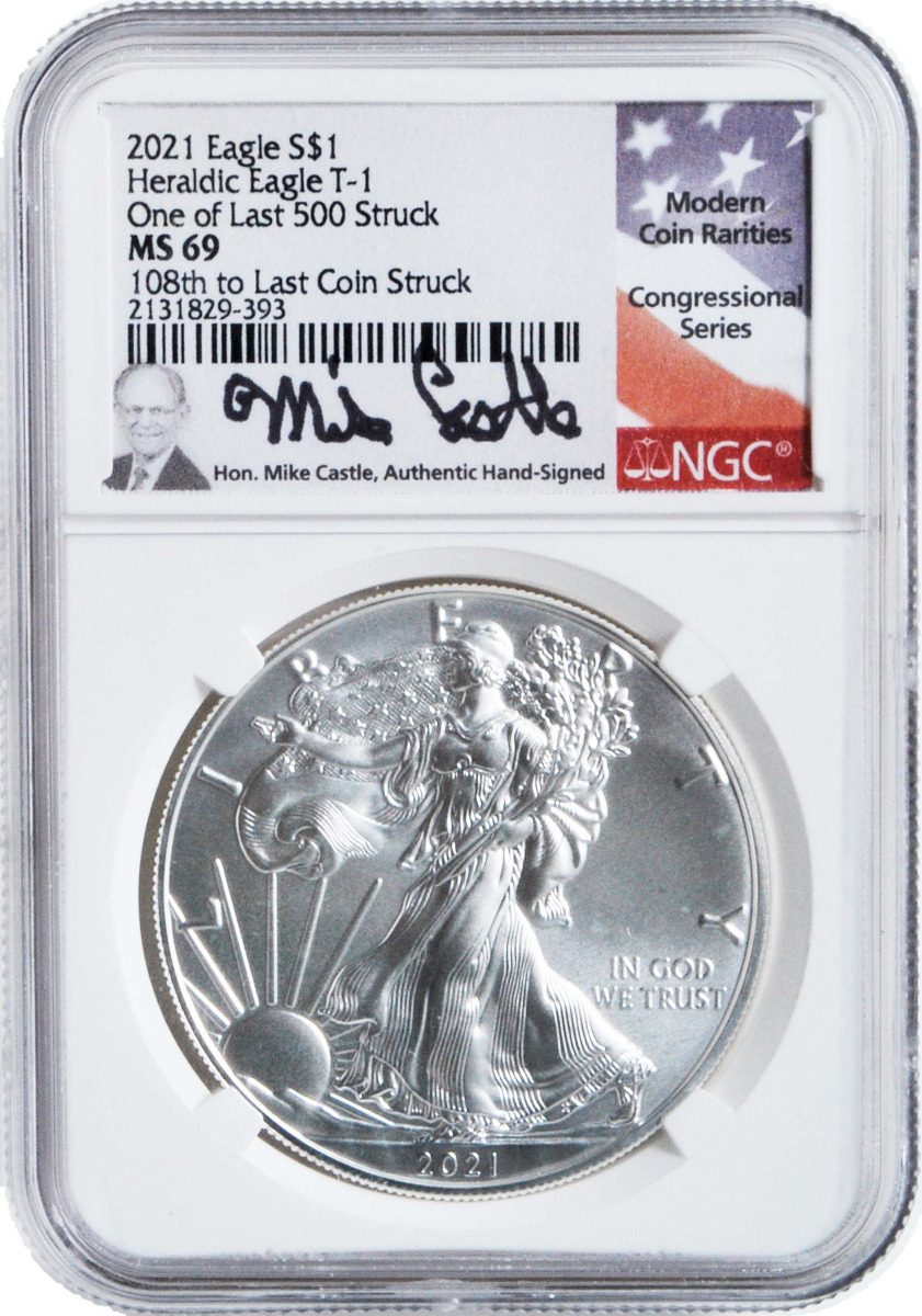 2021 Silver Eagle Type 1 & Type 2 - At Dusk & Dawn 35th Anniversary NGC MS69 2-PC set with matched Numbers Michael Castle Signature - Westminster Mint