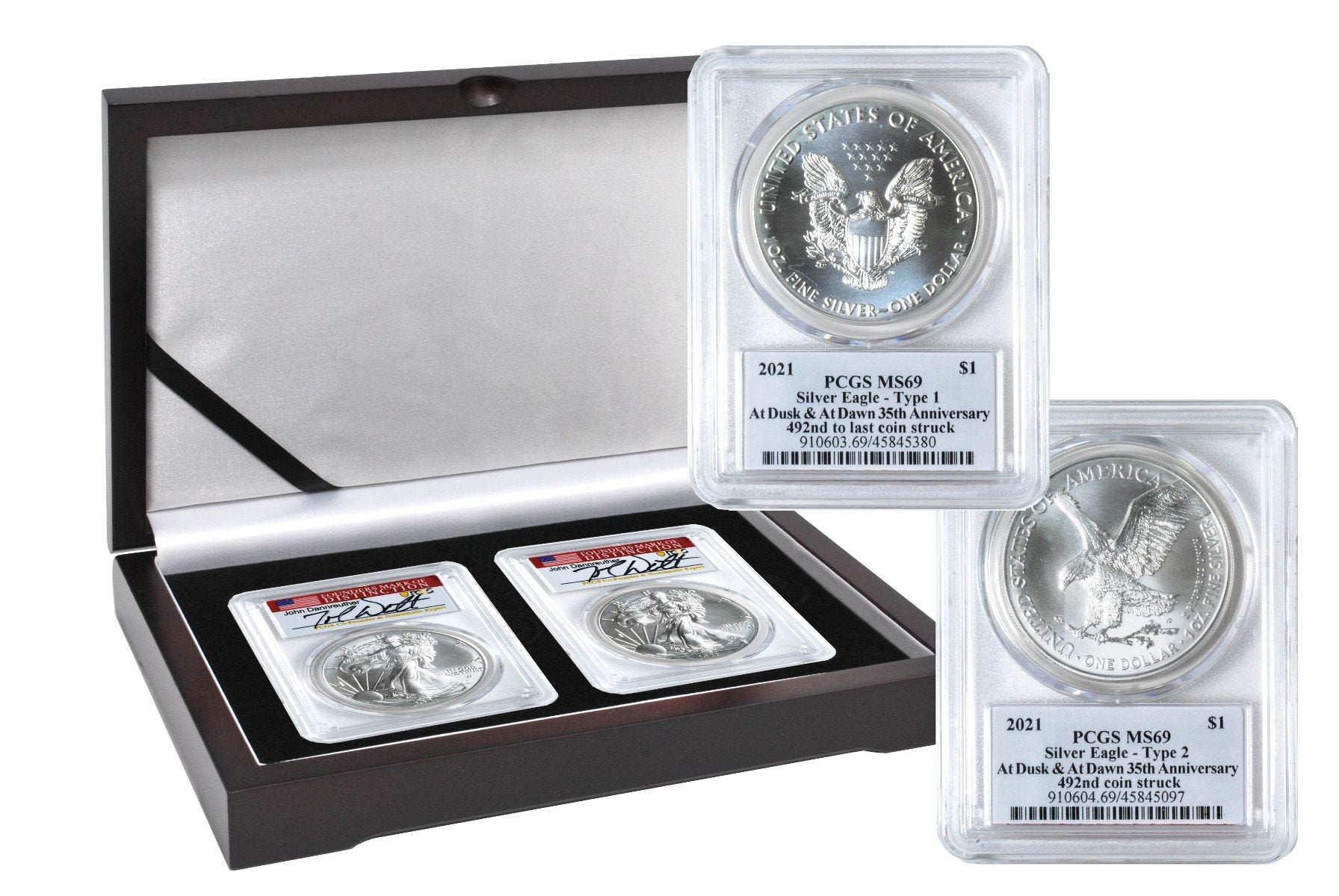 2021 Silver Eagle Type 1 & Type 2 - At Dusk & Dawn 35th Anniversary 2-PC set with matched Numbers John Dannreuther signatures - Westminster Mint