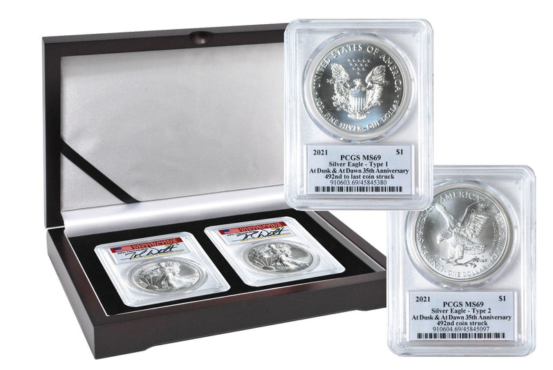 2021 Silver Eagle Type 1 & Type 2 - At Dusk & Dawn 35th Anniversary 2-PC set with matched Numbers John Dannreuther signatures - Westminster Mint