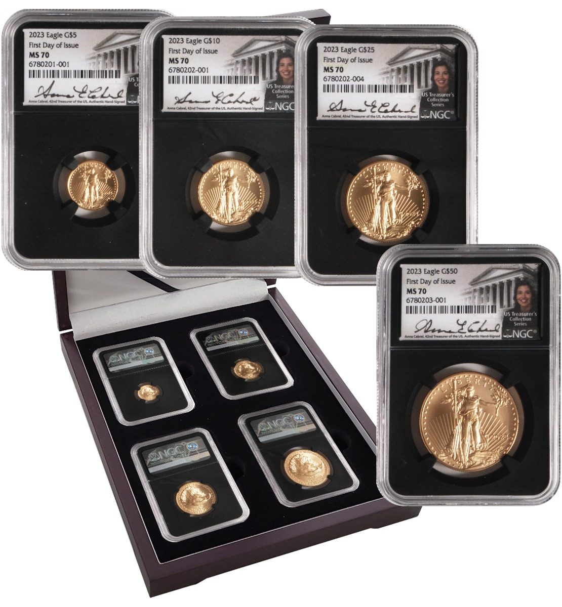 2023 Four-Piece American Gold Eagle Set MS70 First Day of Issue w/Cabral Signatures - Westminster Mint