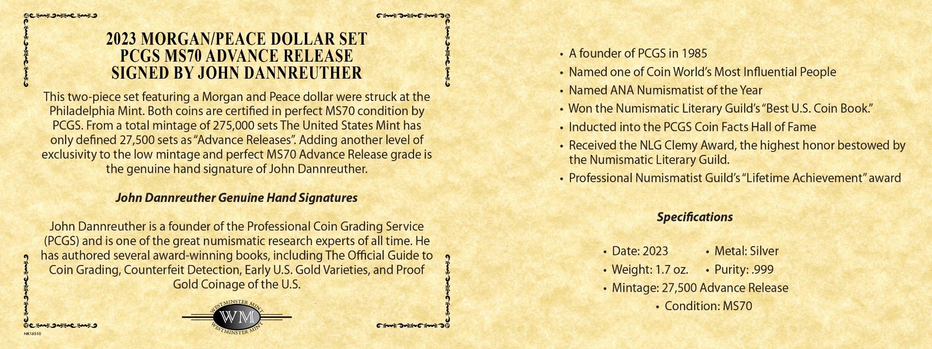 2023 Morgan & Peace Silver Dollars PCGS MS70 Advance Release w/John Dannreuther Signatures - Westminster Mint