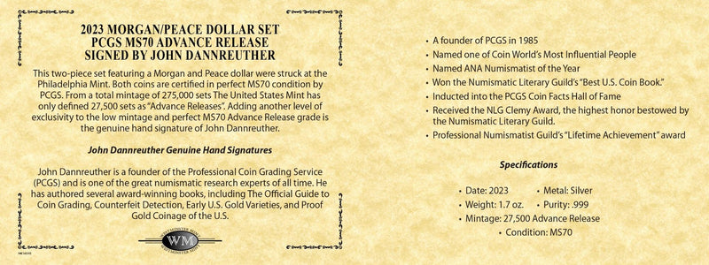 2023 Morgan & Peace Silver Dollars PCGS MS70 Advance Release w/John Dannreuther Signatures - Westminster Mint