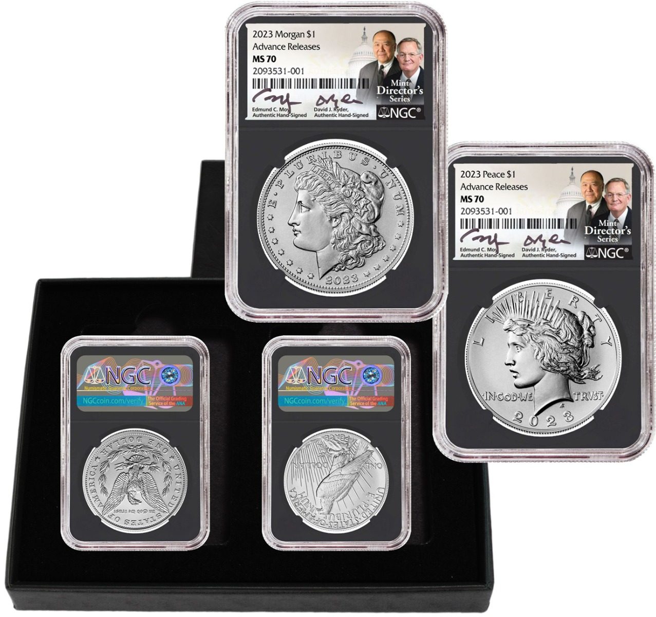 2023 Morgan & Peace Silver Dollars NGC MS70 Advance Release w/Moy & Ryder Signature - Westminster Mint