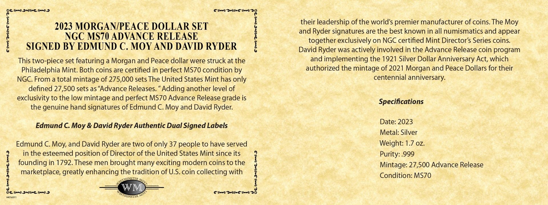 2023 Morgan & Peace Silver Dollars NGC MS70 Advance Release w/Moy & Ryder Signature - Westminster Mint