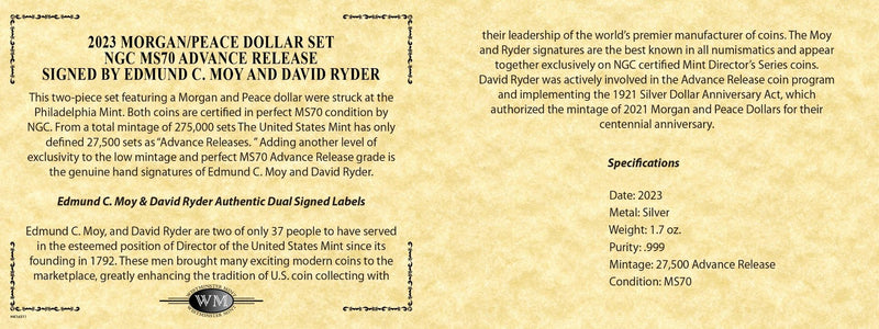 2023 Morgan & Peace Silver Dollars NGC MS70 Advance Release w/Moy & Ryder Signature - Westminster Mint