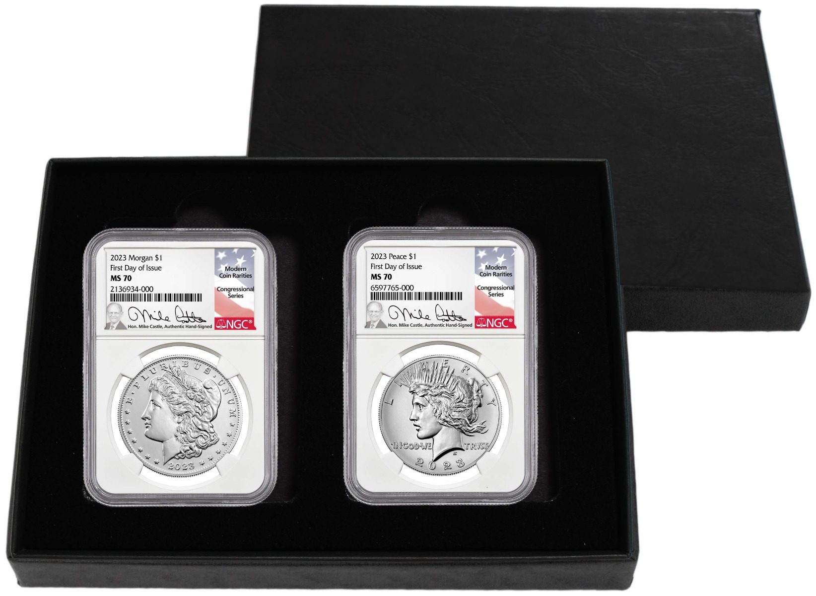 2023 Morgan & Peace Silver Dollars NGC MS70 First Day of Issue w/Michal Castle Signature - Westminster Mint