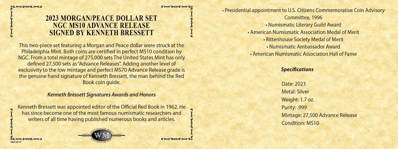 2023 Morgan & Peace Silver Dollars NGCX MS10 Advance Release w/Kenneth Bressett Signature - Westminster Mint