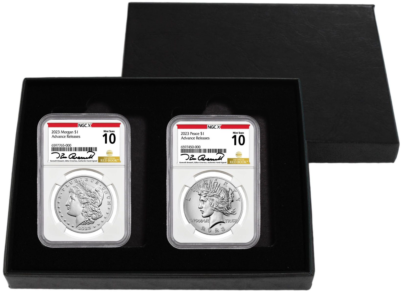 2023 Morgan & Peace Silver Dollars NGCX MS10 Advance Release w/Kenneth Bressett Signature - Westminster Mint