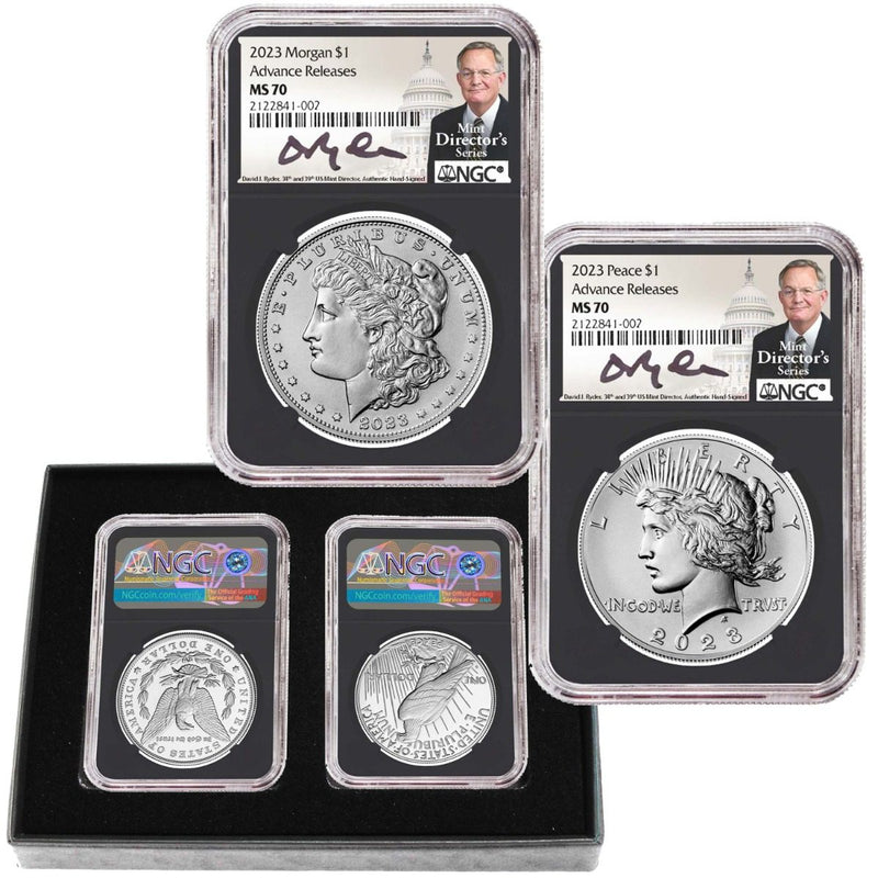 2023 Morgan & Peace Silver Dollars NGC MS70 Advance Release Signed by U.S. Mint Director David Ryder - Westminster Mint