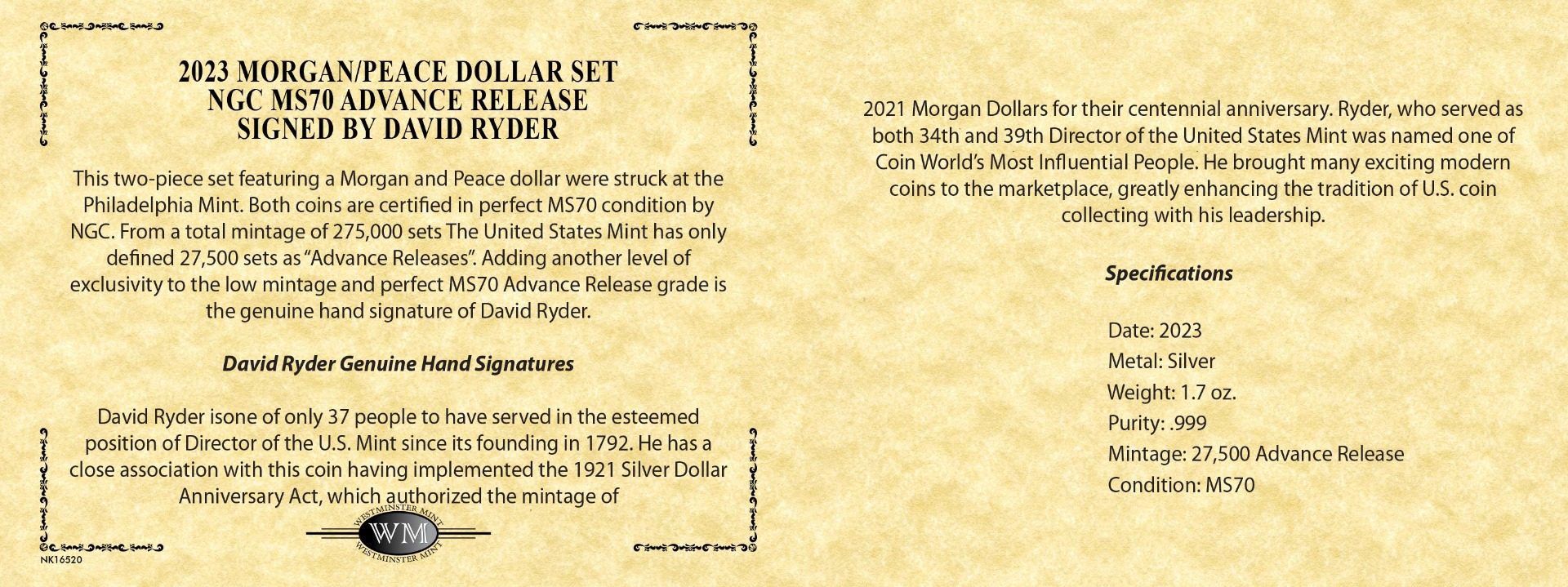 2023 Morgan & Peace Silver Dollars NGC MS70 Advance Release Signed by U.S. Mint Director David Ryder - Westminster Mint