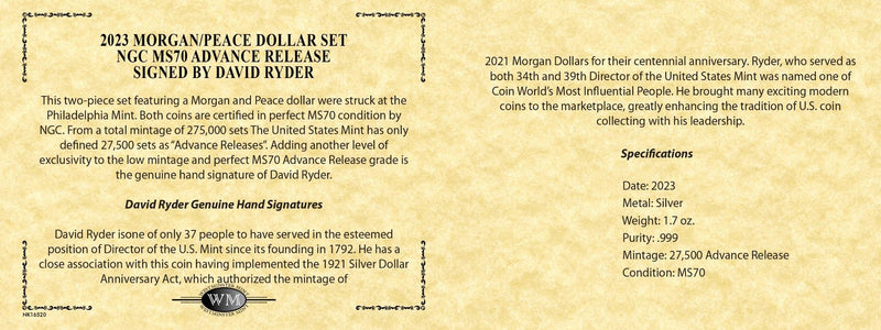 2023 Morgan & Peace Silver Dollars NGC MS70 Advance Release Signed by U.S. Mint Director David Ryder - Westminster Mint