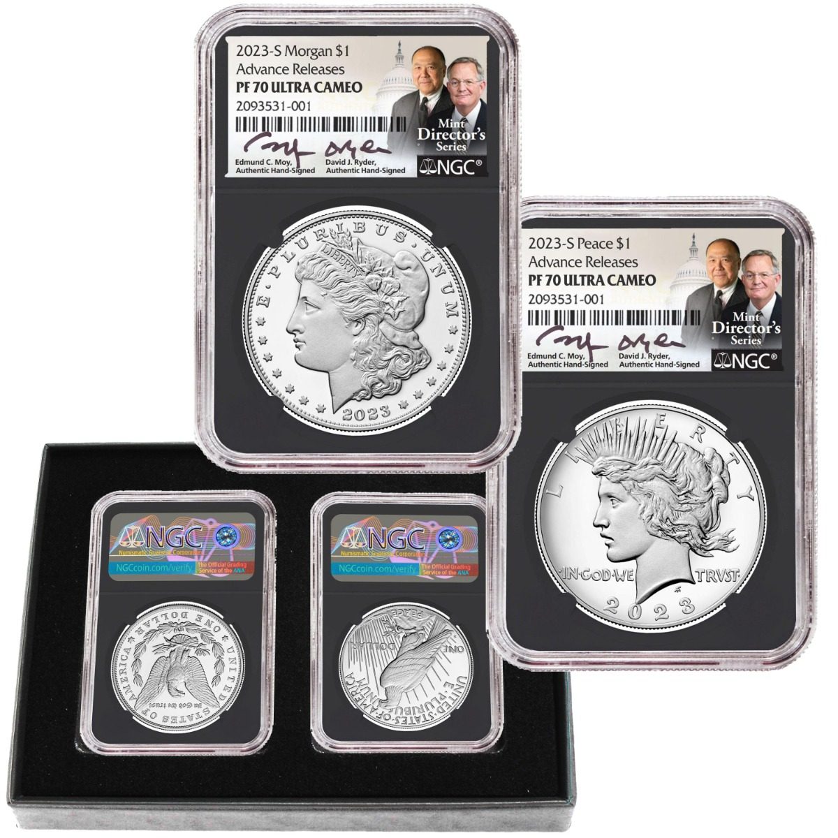 2023 S Morgan & Peace Silver Dollars NGC PF70 Advance Release w/Moy & Ryder Signature - Westminster Mint