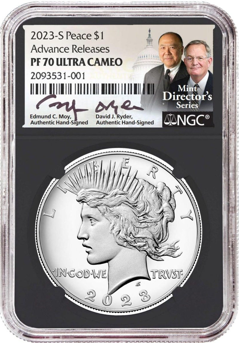 2023 S Morgan & Peace Silver Dollars NGC PF70 Advance Release w/Moy & Ryder Signature - Westminster Mint