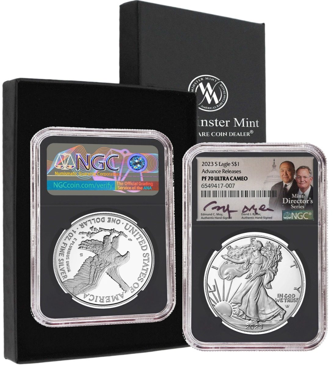 2023 S American Silver Eagle NGC PF70 Advance Release hand signed by U.S. Mint Directors Edmund C. Moy and David Ryder - Westminster Mint