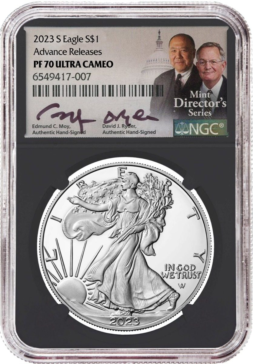 2023 S American Silver Eagle NGC PF70 Advance Release hand signed by U.S. Mint Directors Edmund C. Moy and David Ryder - Westminster Mint