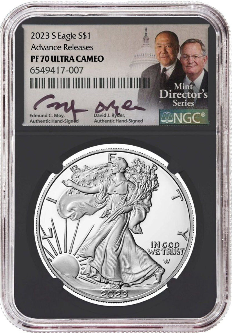 2023 S American Silver Eagle NGC PF70 Advance Release hand signed by U.S. Mint Directors Edmund C. Moy and David Ryder - Westminster Mint