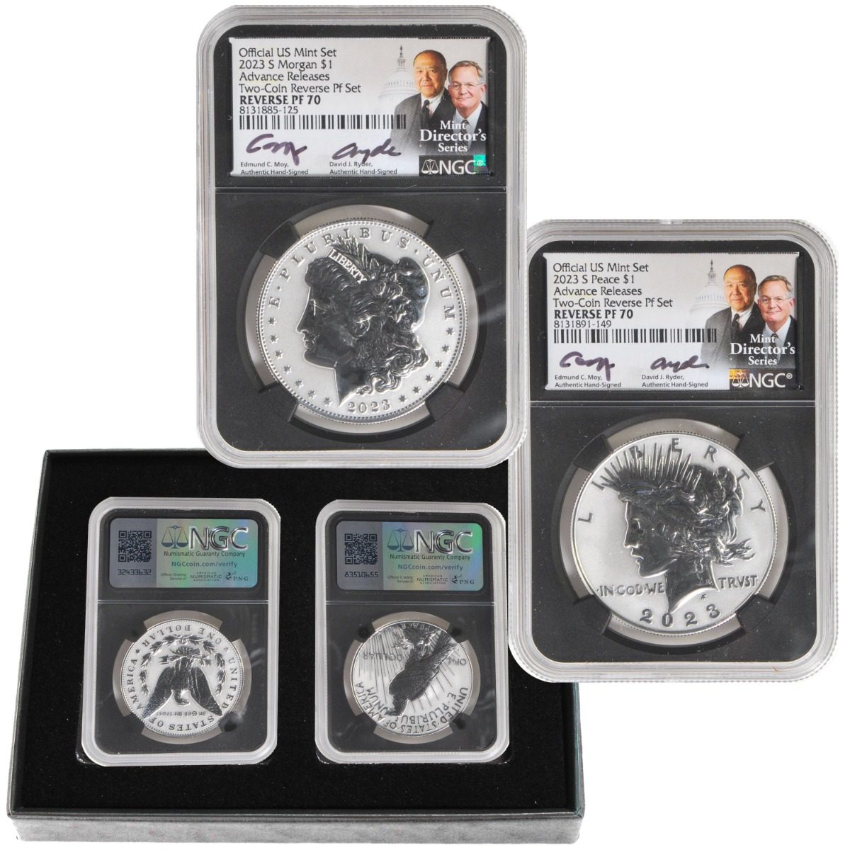 2023 S Morgan & Peace Silver Dollars Reverse Proof 70 Advance Release Certified w/Moy & Ryder Signatures - Westminster Mint