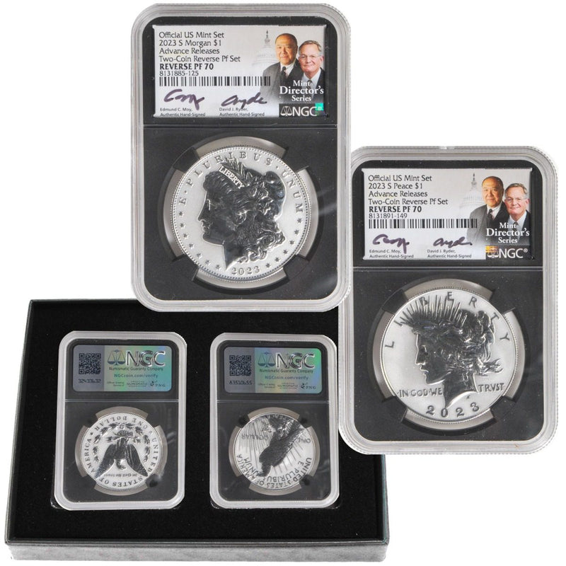 2023 S Morgan & Peace Silver Dollars Reverse Proof 70 Advance Release Certified w/Moy & Ryder Signatures - Westminster Mint