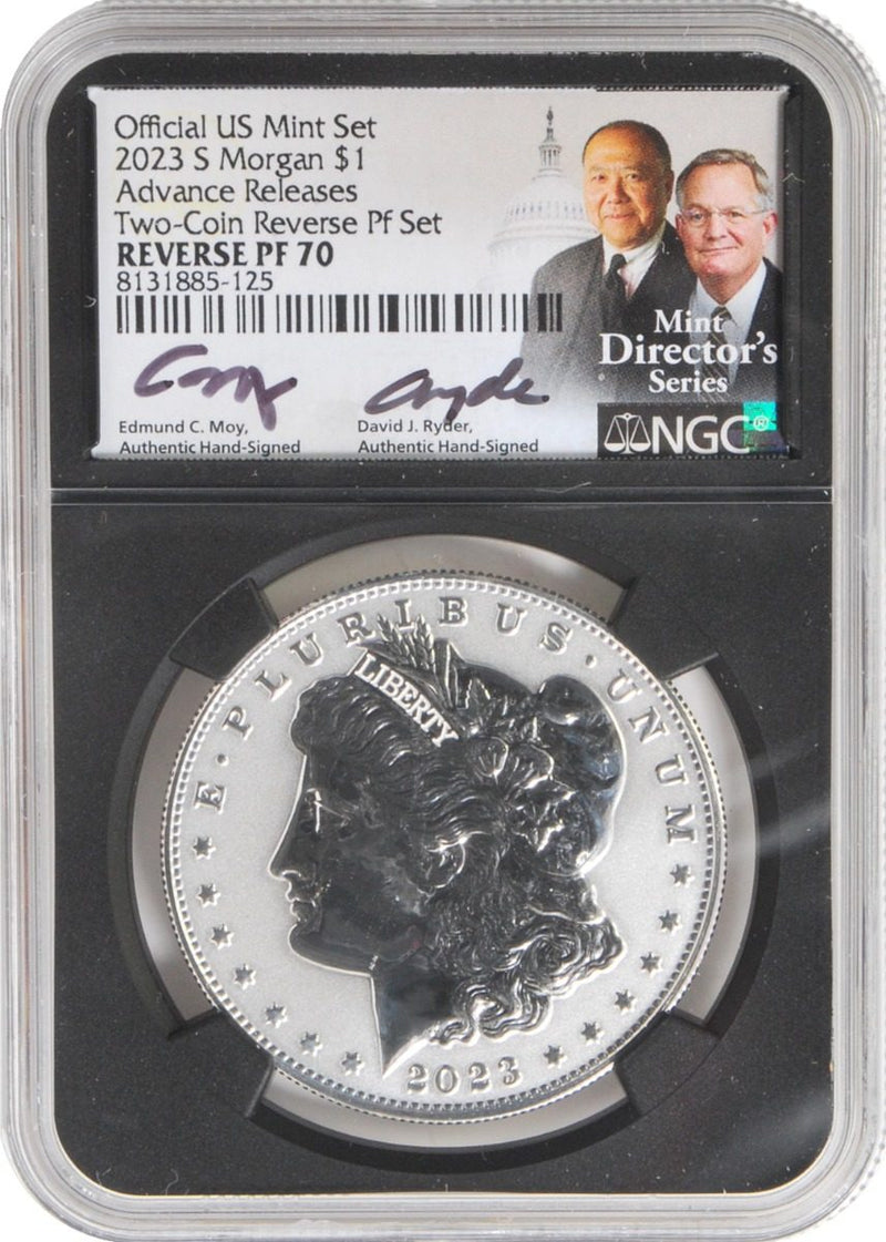 2023 S Morgan & Peace Silver Dollars Reverse Proof 70 Advance Release Certified w/Moy & Ryder Signatures - Westminster Mint